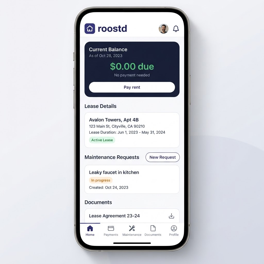Tenant portal showing rent balance and maintenance requests